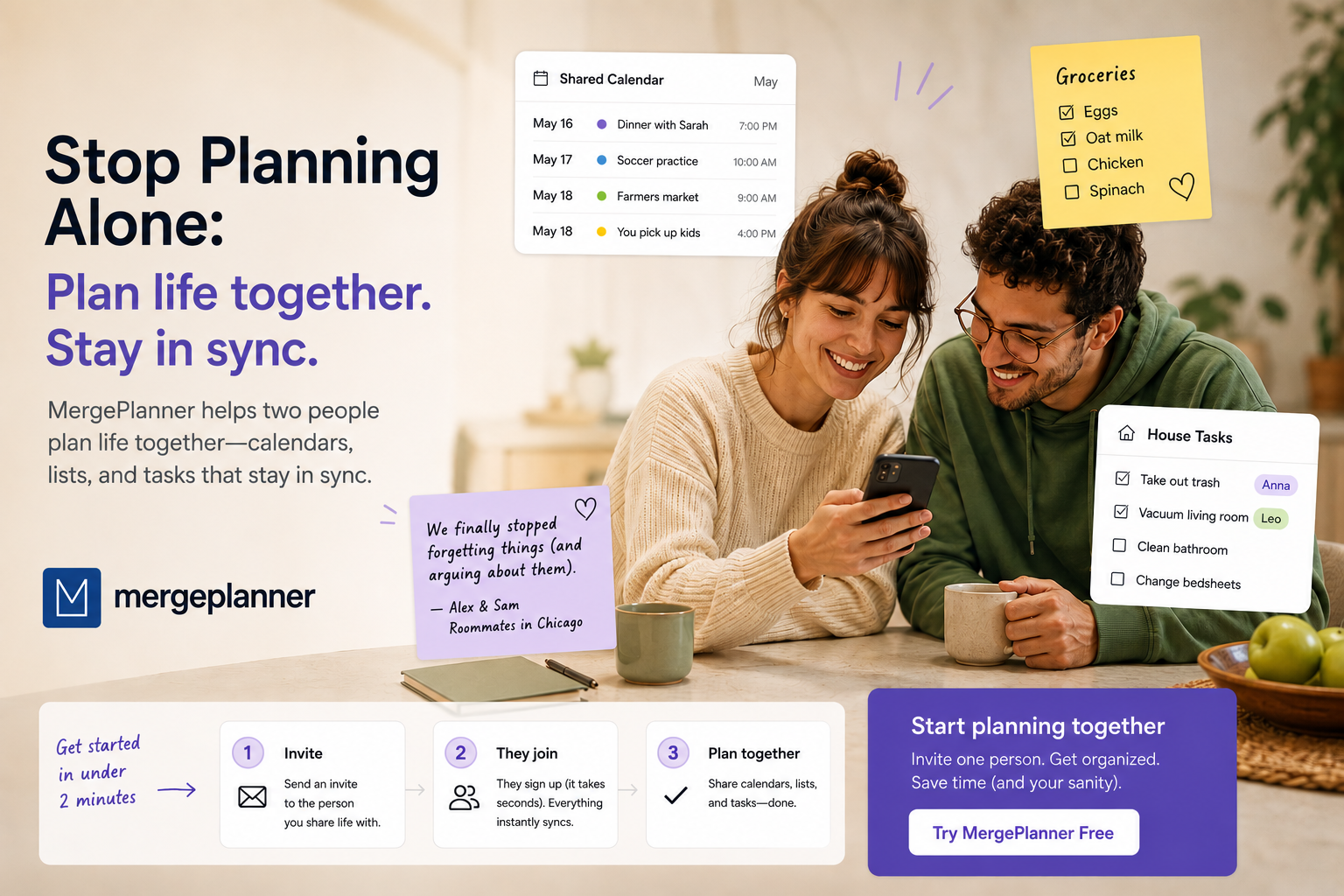 Stop Planning Alone — a couple sharing a calendar, grocery list, and house tasks together in Merge Planner.